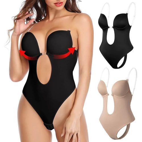 Backless bodysuit with moulded cups and deep plunge front shown in black with adjustable clear straps
