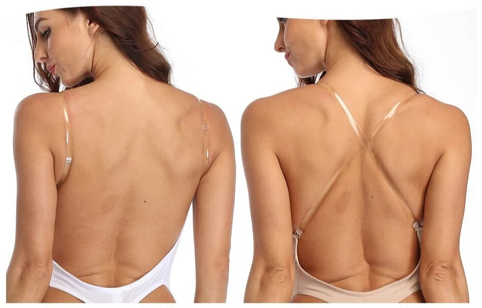 Black backless bodysuit with open back design and snap-button closure at gusset shown flat