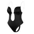 Close-up of backless bodysuit showing deep plunge neckline and smooth moulded cup construction