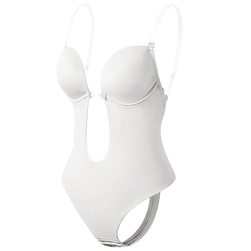 Side view of backless bodysuit with high-cut leg openings and clear adjustable straps