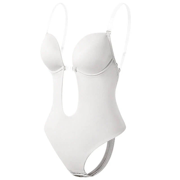 Side view of backless bodysuit with high-cut leg openings and clear adjustable straps