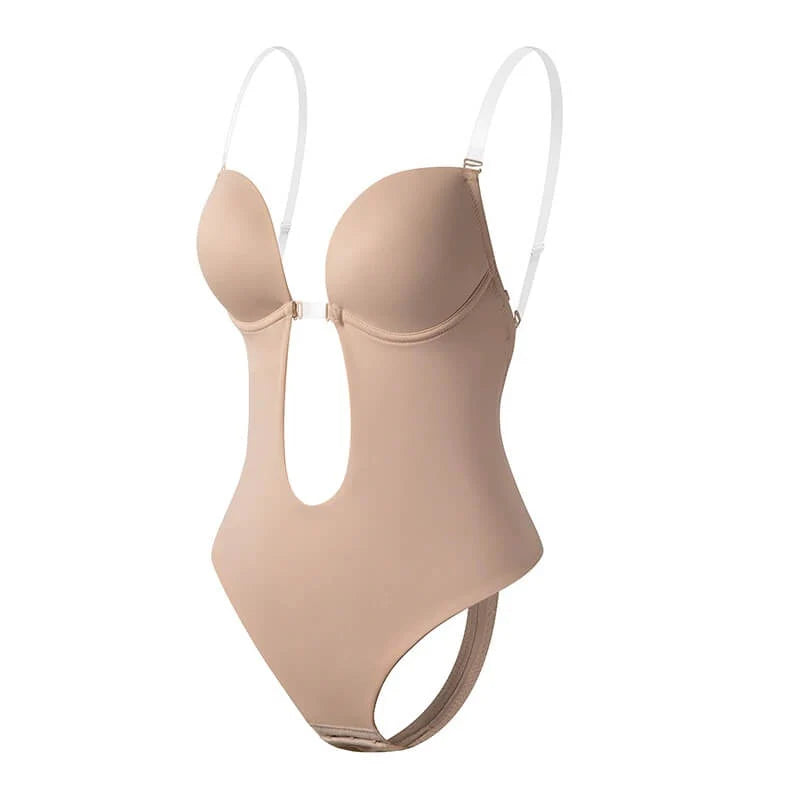 Backless bodysuit in black and beige colourways showing moulded cups and plunge front detail