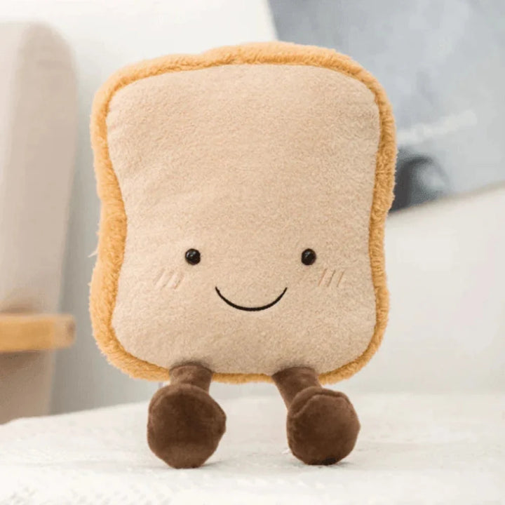 Side angle of baguette plush companion demonstrating lightweight construction and portable design for children
