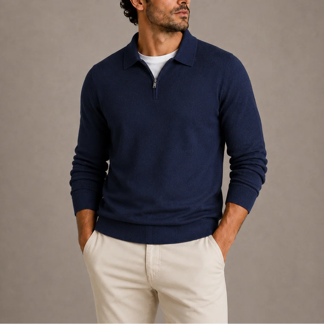 Side view of men's quarter-zip knit jumper highlighting regular fit and ribbed hem construction