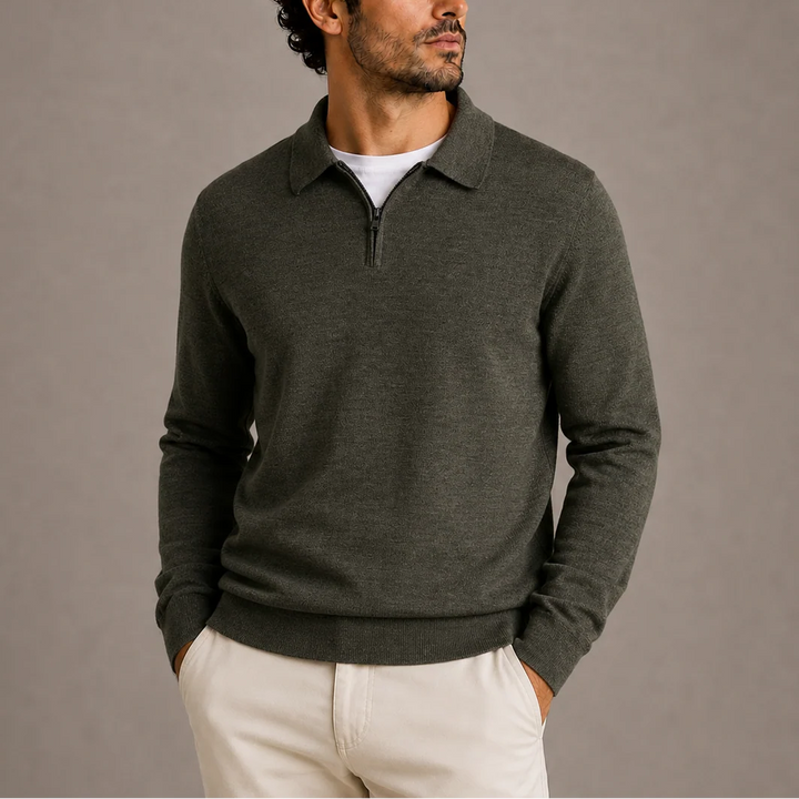 Men's quarter-zip knit jumper styled for smart-casual wear with tailored trousers and layering potential
