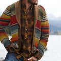Men's striped cardigan with multicolour horizontal stripes and open front design worn over a checked shirt