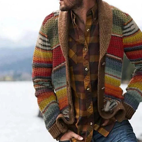 Close-up view of men's striped cardigan showing ribbed cuffs and relaxed knit texture with colourful stripe pattern