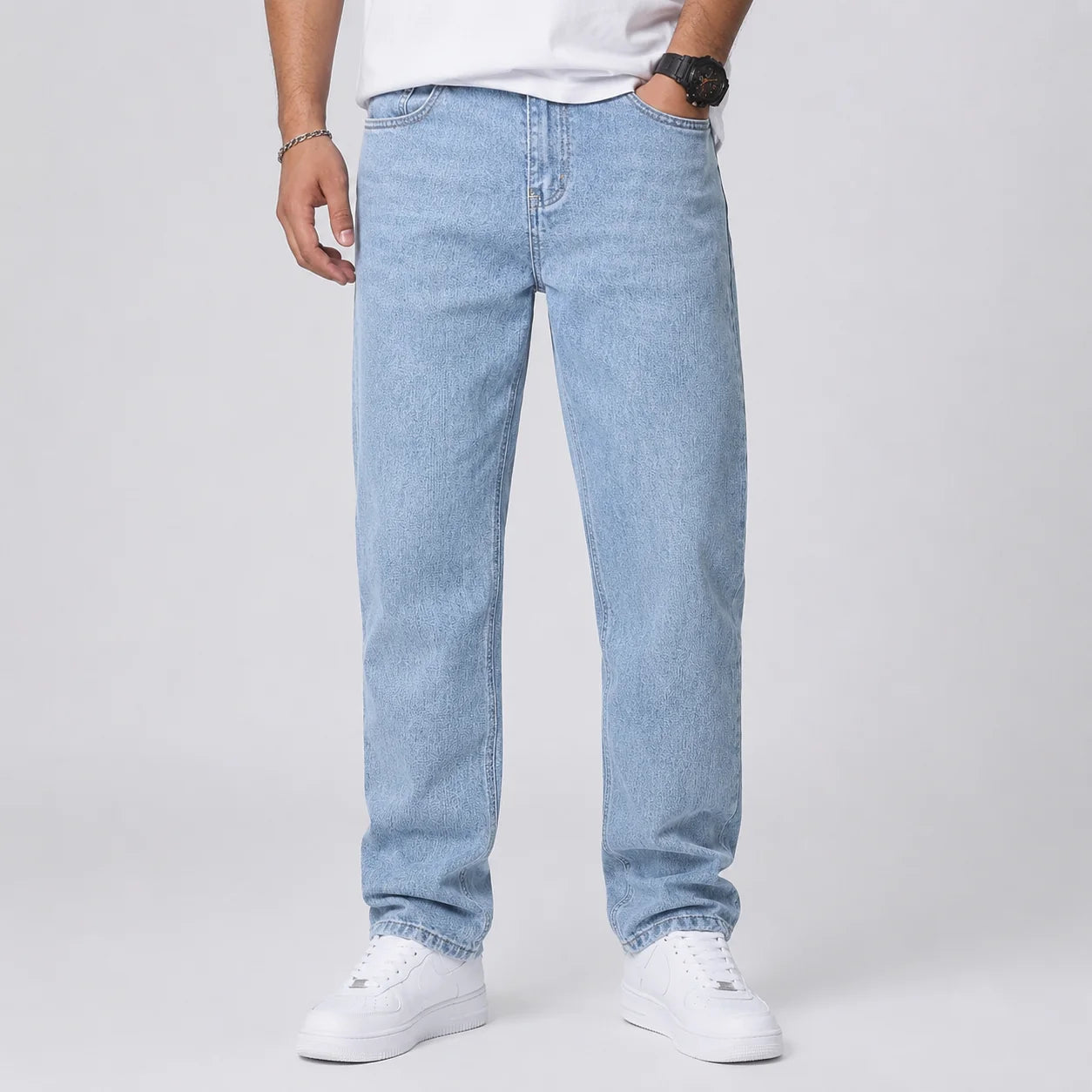 Men's relaxed fit jeans in light blue denim with classic five-pocket styling and mid-rise waist