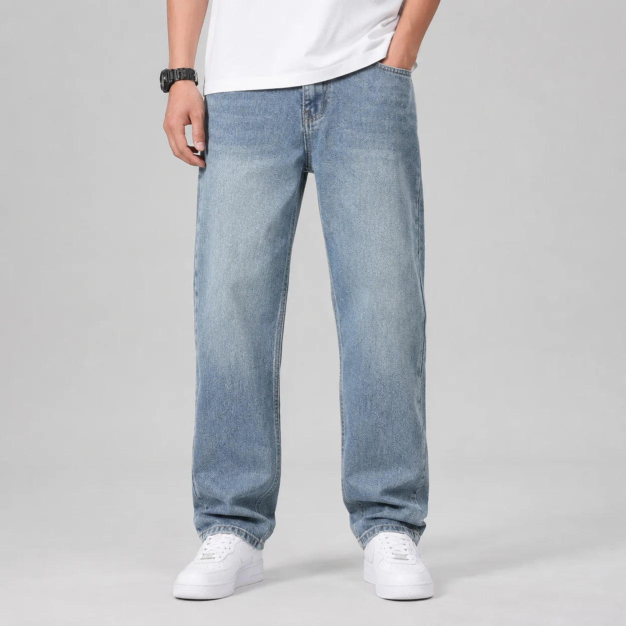 Men's straight leg jeans in light blue with wide leg silhouette and comfortable fit