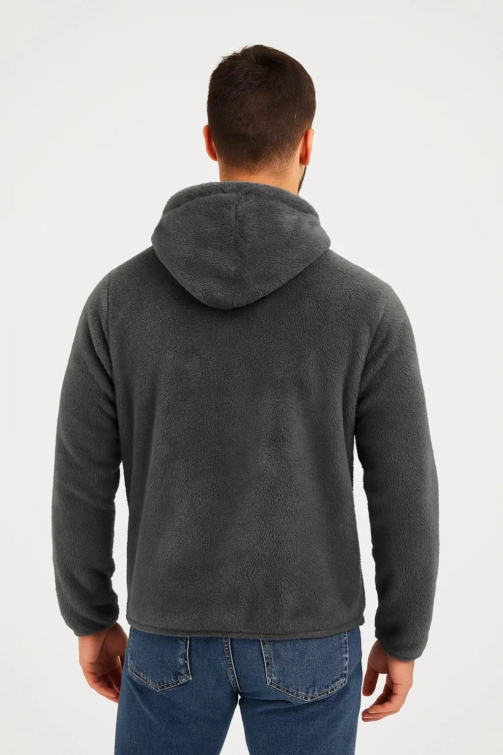 Close-up of men's fleece hoodie showing plush textured fabric and full-length zip closure detail