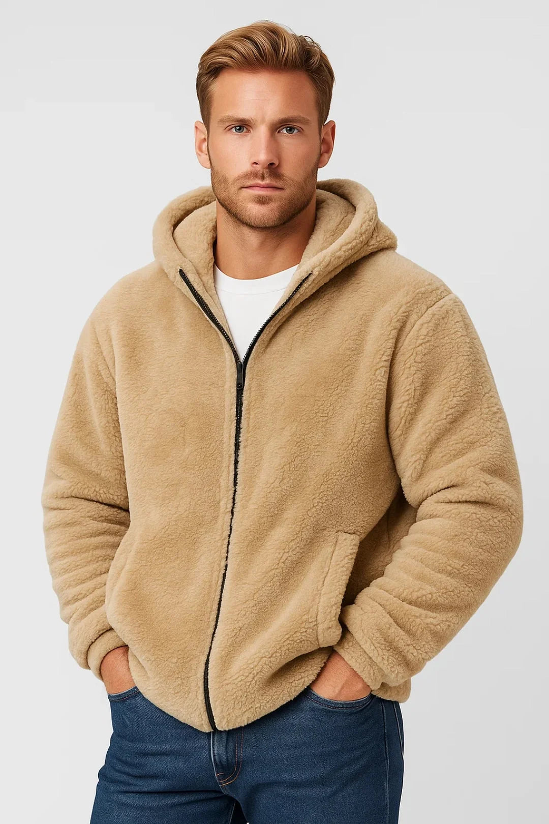Side view of men's zip-up hoodie featuring side slip pockets and ribbed cuffs for casual wear