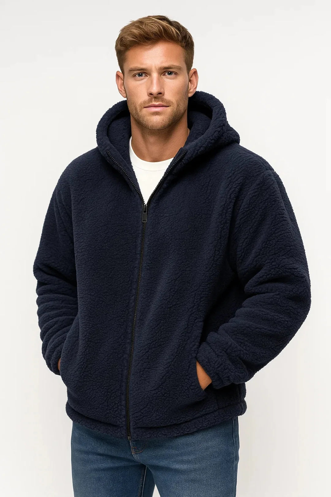 Back view of men's fleece hoodie showing relaxed silhouette and hood construction for winter layering