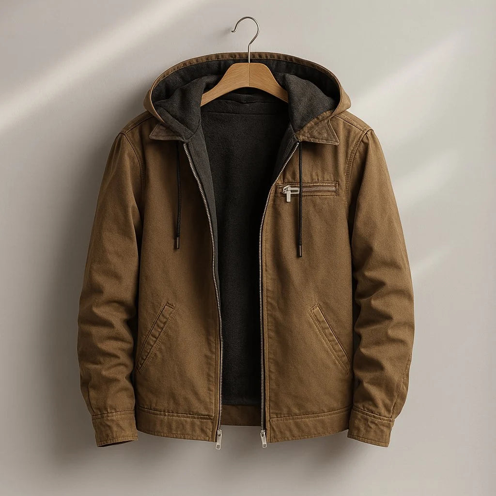 Men's hooded canvas jacket with sherpa lining in brown, featuring zip chest pocket and drawcord hood on hanger