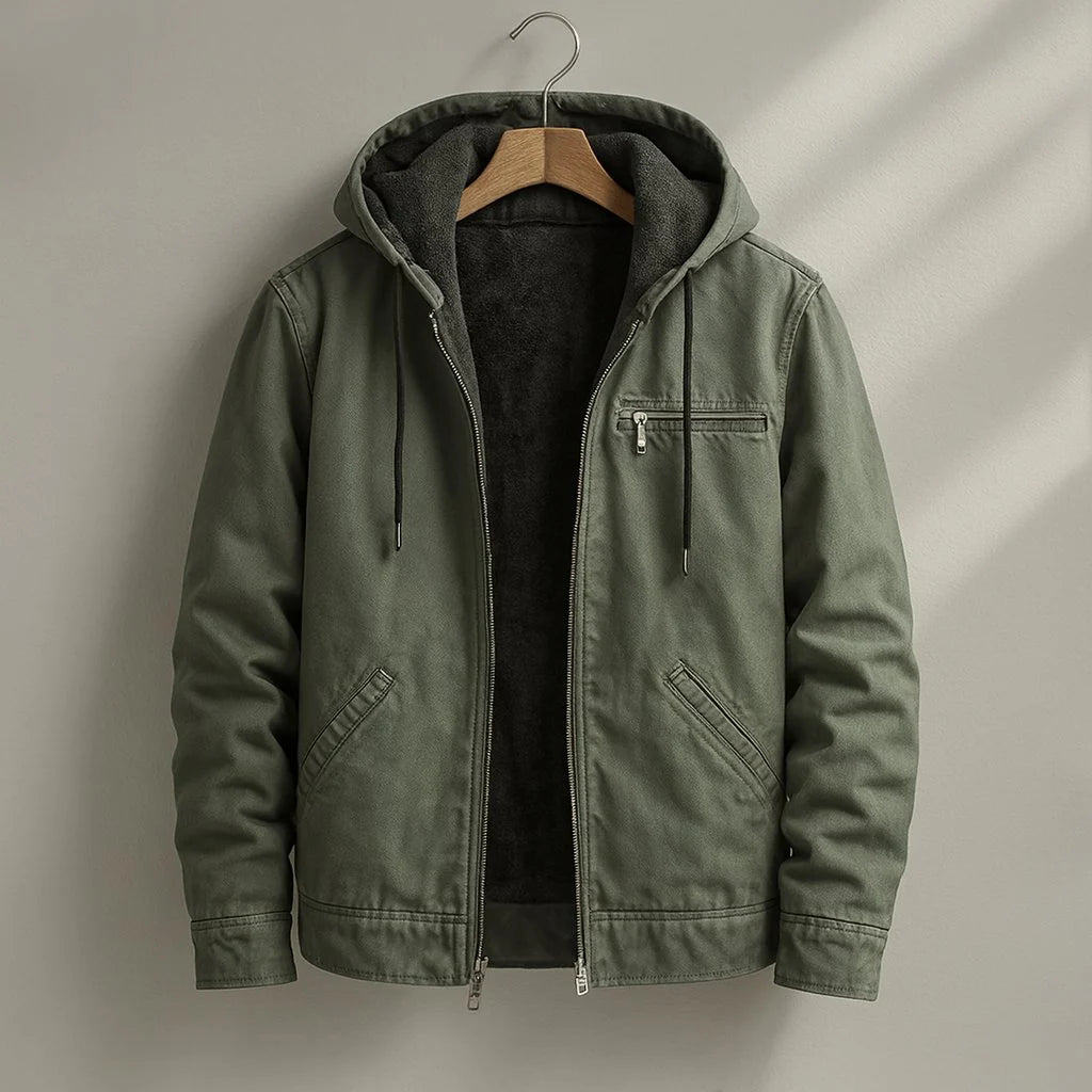 Men's brown canvas jacket with plush sherpa interior lining and relaxed fit for layering