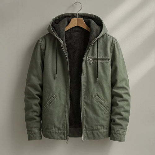 Men's brown canvas jacket with plush sherpa interior lining and relaxed fit for layering