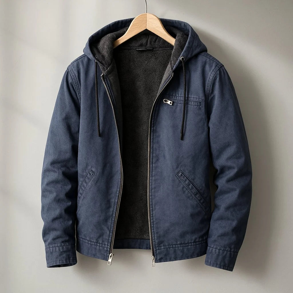 Hooded canvas jacket for men showing zip front closure and hand pockets with metal hardware