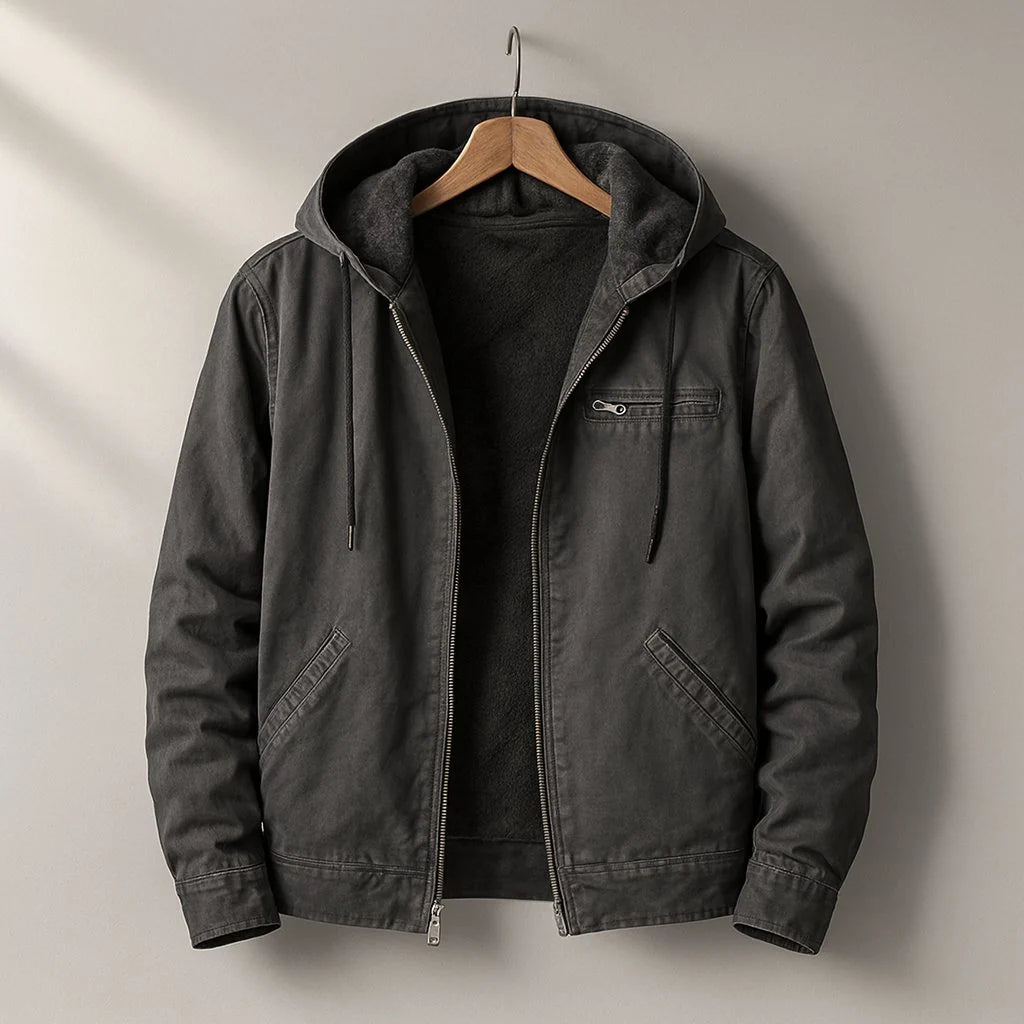 Men's sherpa lined canvas jacket in brown with functional zip chest pocket and hood