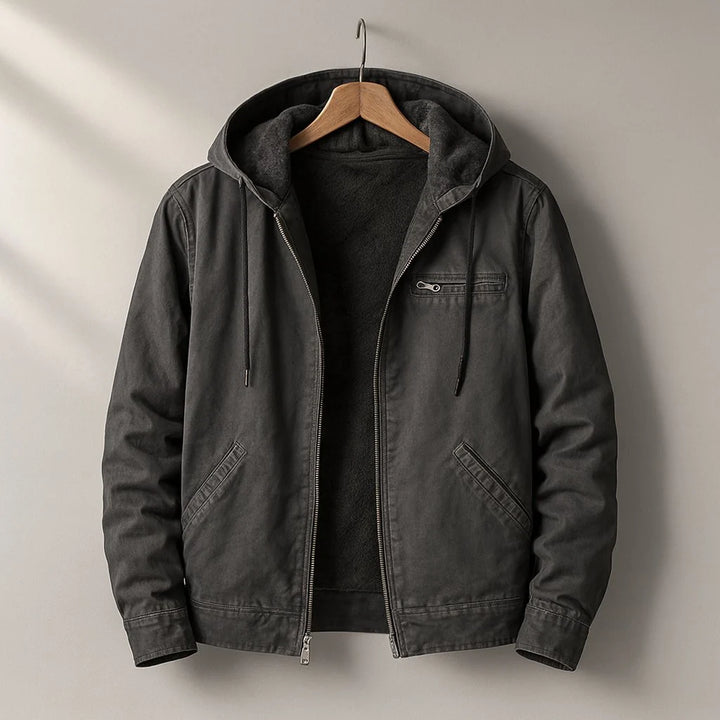 Men's sherpa lined canvas jacket in brown with functional zip chest pocket and hood