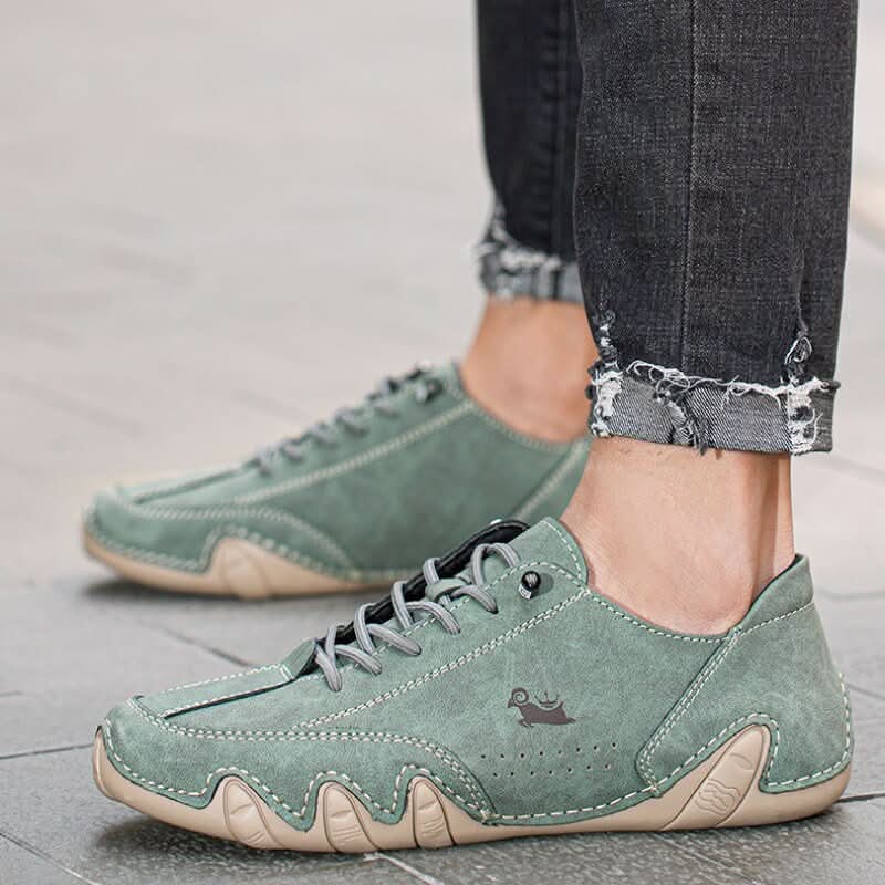 Men's lace-up trainers in tan displayed from multiple angles showing versatile casual design