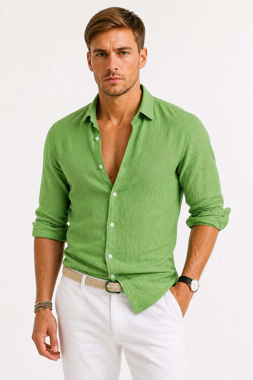 Men's linen shirt in rose showing roll-up sleeve detail and classic design