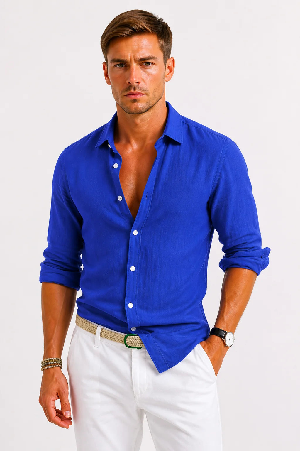 Side view of men's linen shirt displaying natural drape and structured woven fabric