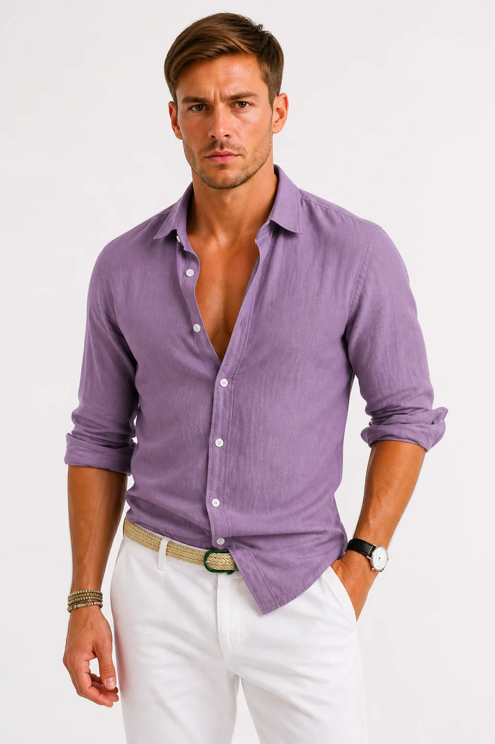 Detail of button-front closure and collar on men's linen shirt