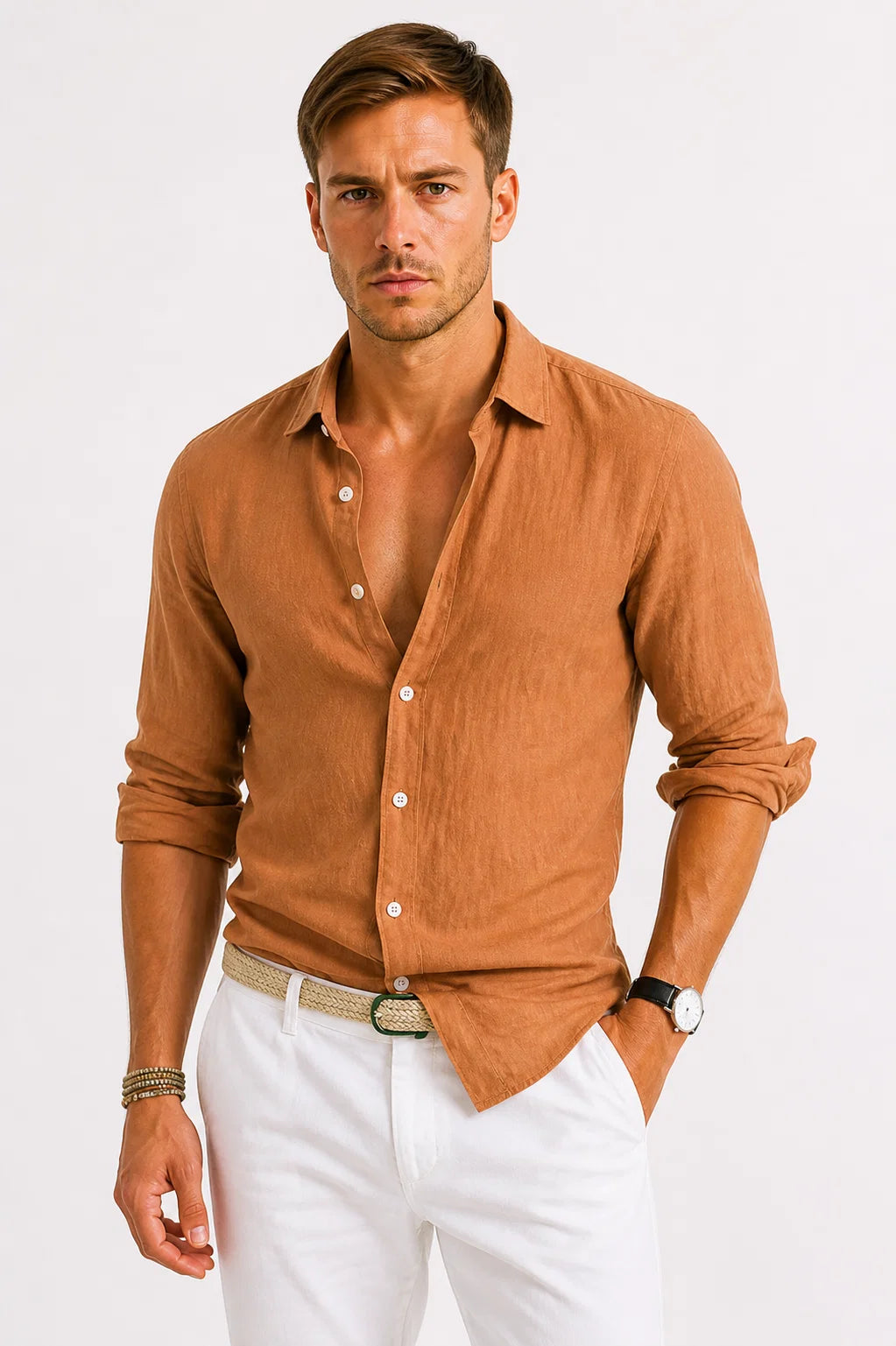 Men's linen shirt in blue demonstrating lightweight feel and comfortable fit