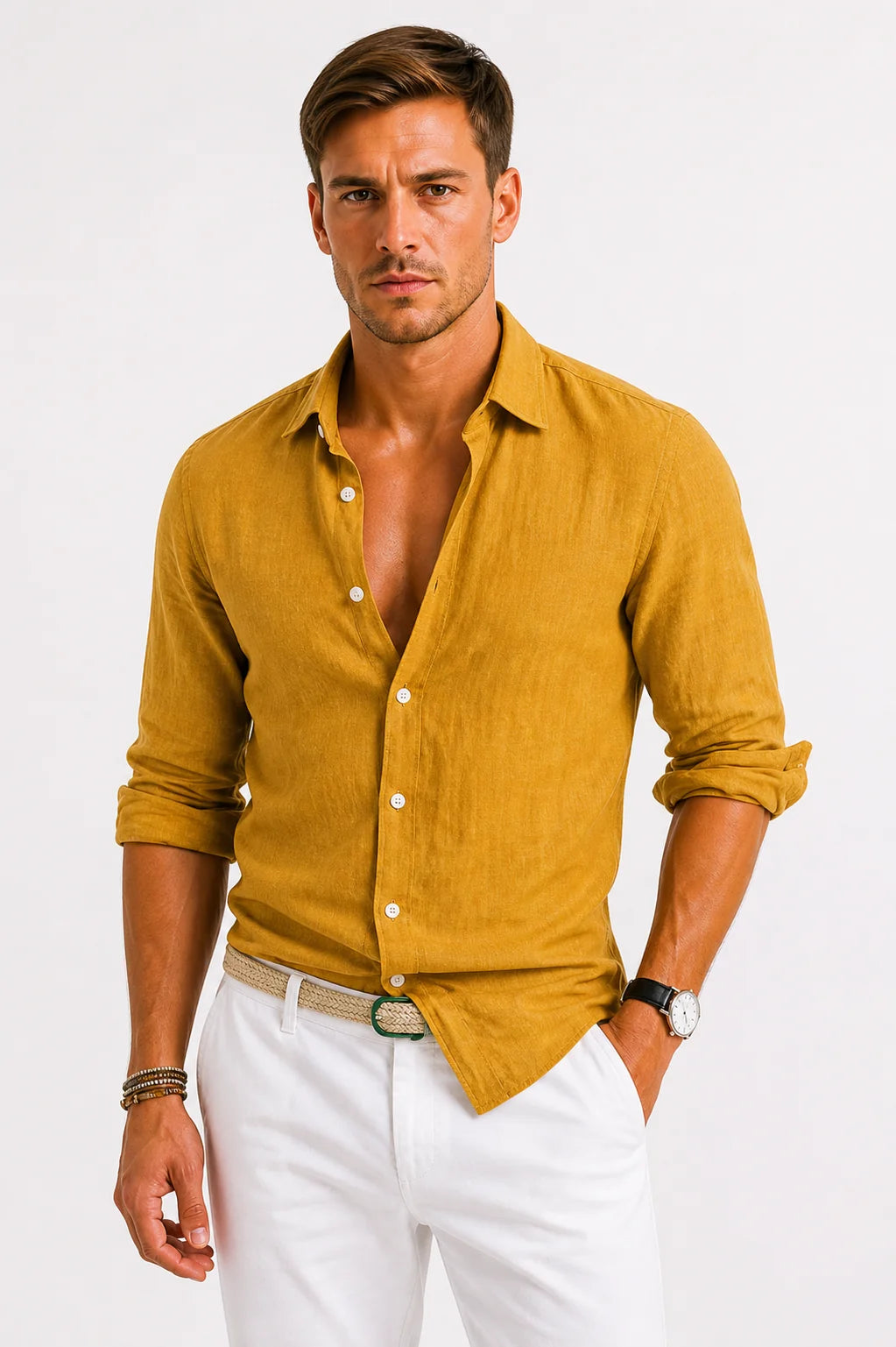 Men's linen shirt in white paired with casual trousers for weekend wear