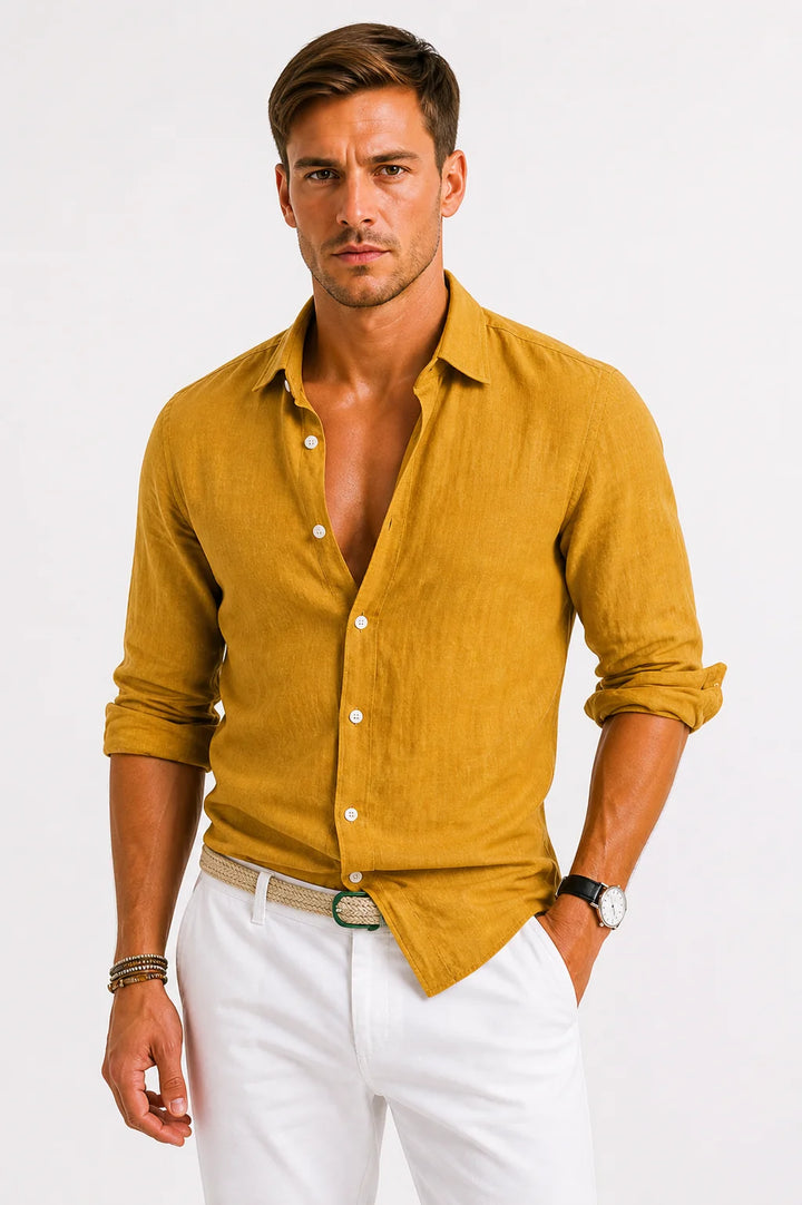 Men's linen shirt in white paired with casual trousers for weekend wear