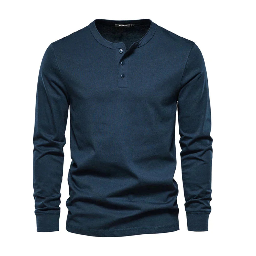 Men's long sleeve henley in dark blue with button neck and regular fit for casual wear
