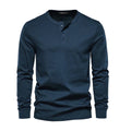 Men's long sleeve henley in dark blue with button neck and regular fit for casual wear