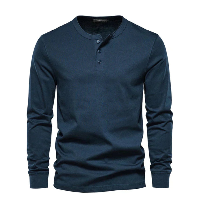 Men's long sleeve henley in dark blue with button neck and regular fit for casual wear