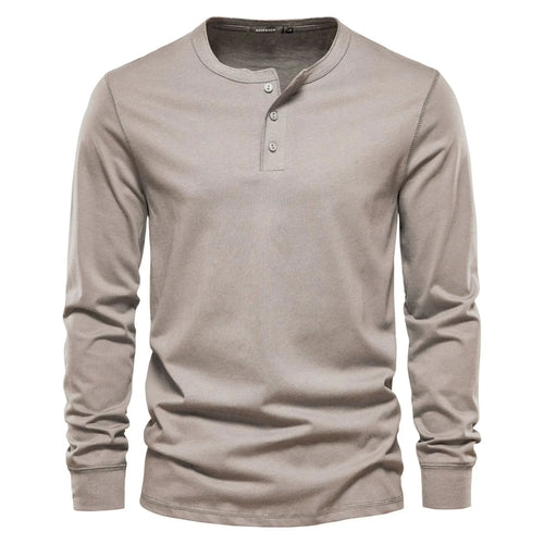 Close-up view of men's henley showing three-button neckline and ribbed collar detail