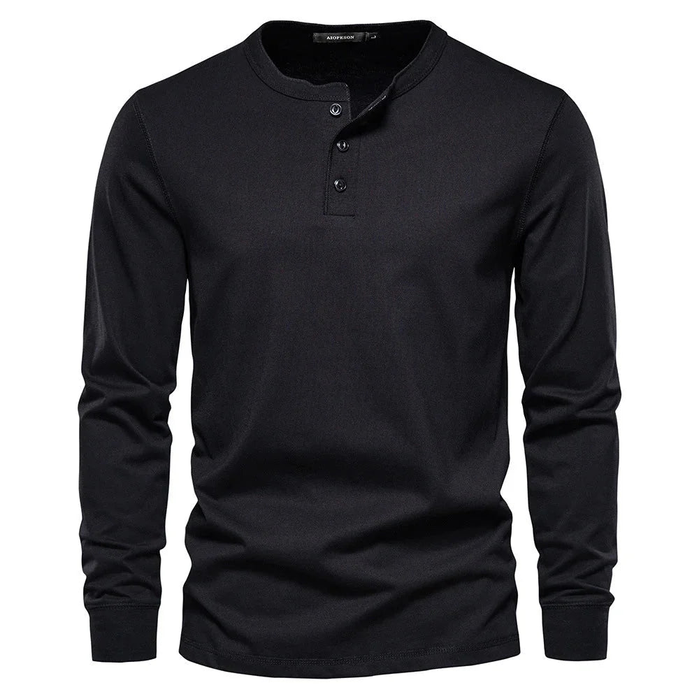 Side view of men's long sleeve henley displaying relaxed fit and sleeve construction