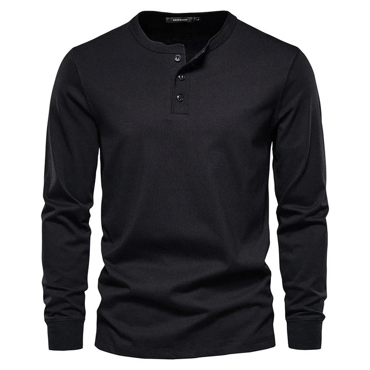Side view of men's long sleeve henley displaying relaxed fit and sleeve construction