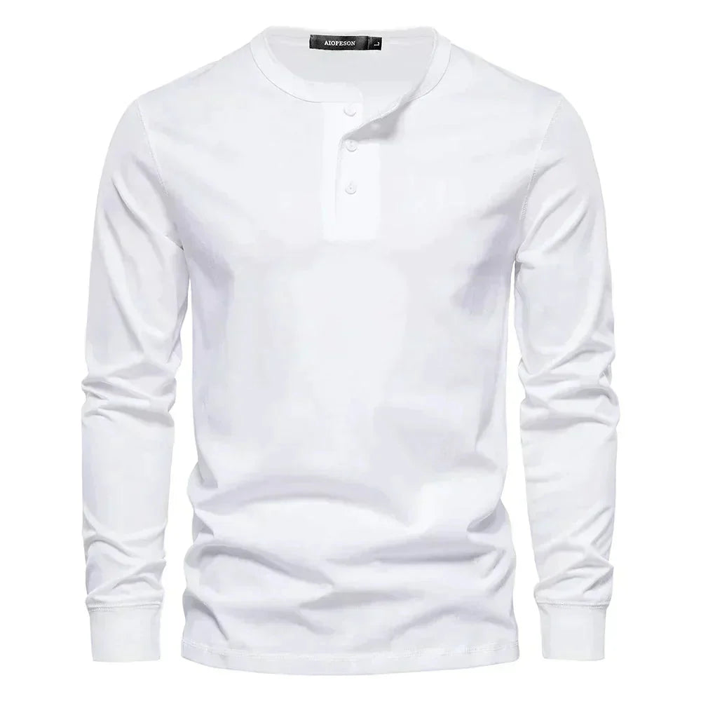 Detail shot of henley neckline showing button closure and fabric texture