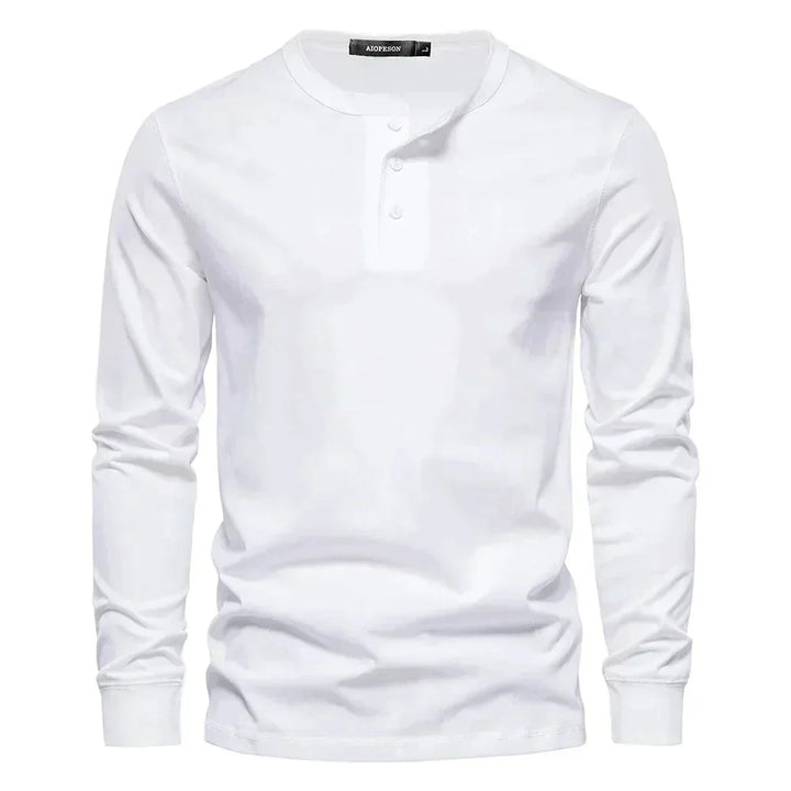 Detail shot of henley neckline showing button closure and fabric texture