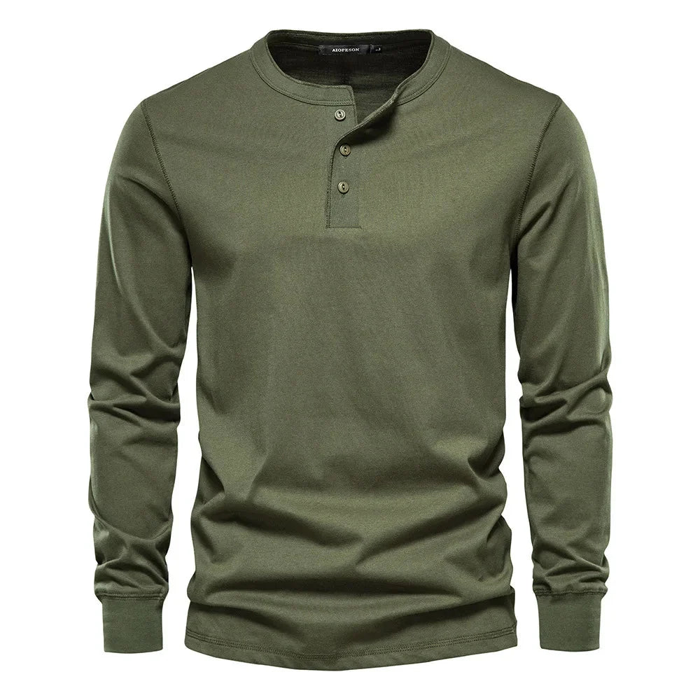 Men's long sleeve henley in light blue colourway with classic henley styling