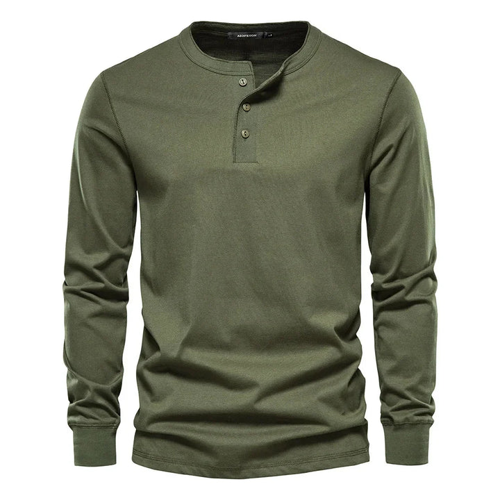 Men's long sleeve henley in light blue colourway with classic henley styling