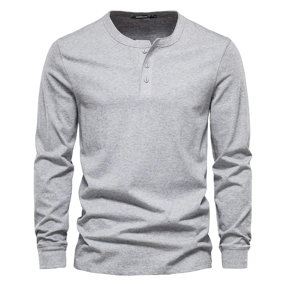 Back view of men's henley showing clean finish and regular fit silhouette
