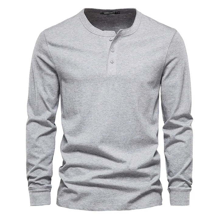 Back view of men's henley showing clean finish and regular fit silhouette