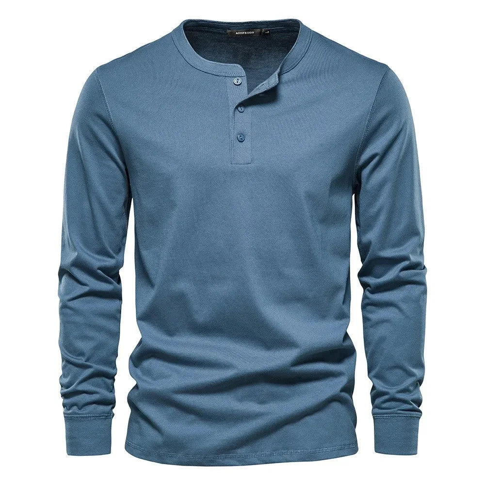 Men's henley top in grey demonstrating versatile casual styling and comfortable fit