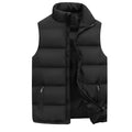 Close-up view of men's black quilted gilet showing horizontal quilting pattern and full-length zip closure