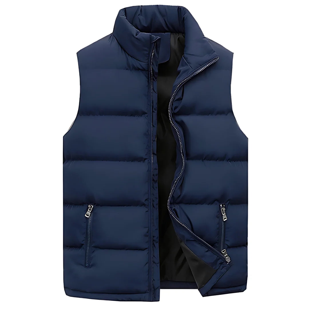 Side angle of men's padded gilet displaying armhole cut and structured quilted panels