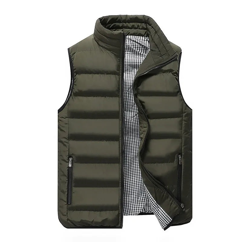 Full view of men's sleeveless quilted gilet with padded construction for transitional weather