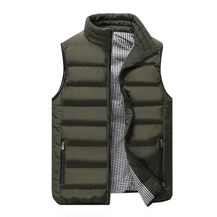 Full view of men's sleeveless quilted gilet with padded construction for transitional weather