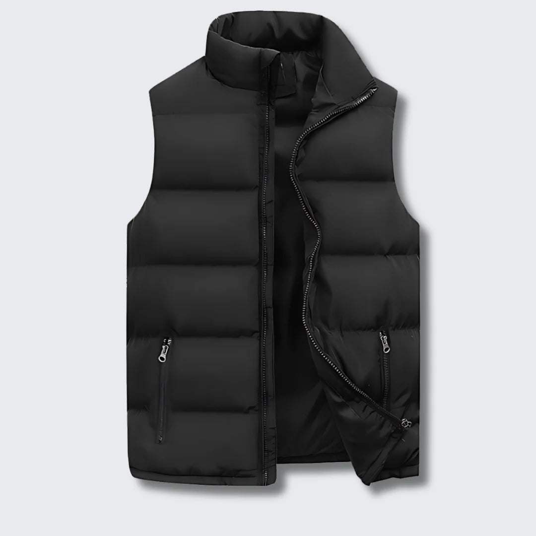 Rear view of men's quilted gilet with horizontal quilting pattern and structured fit