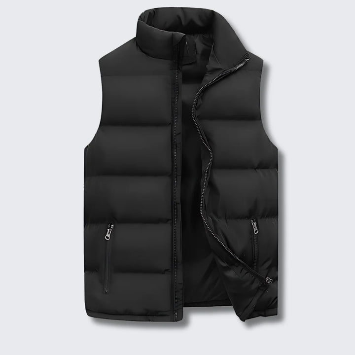 Rear view of men's quilted gilet with horizontal quilting pattern and structured fit