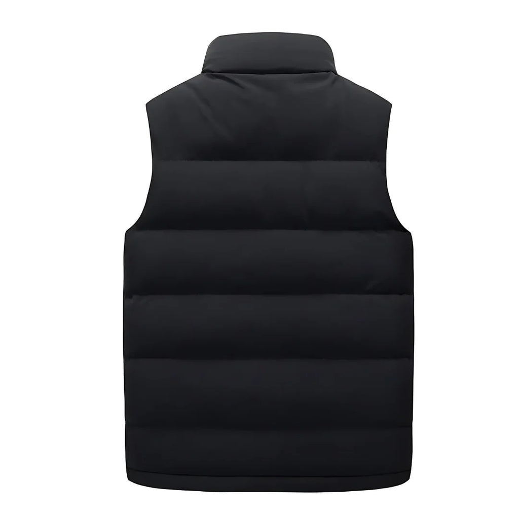Men's sleeveless padded gilet in black with stand collar and practical zip closure