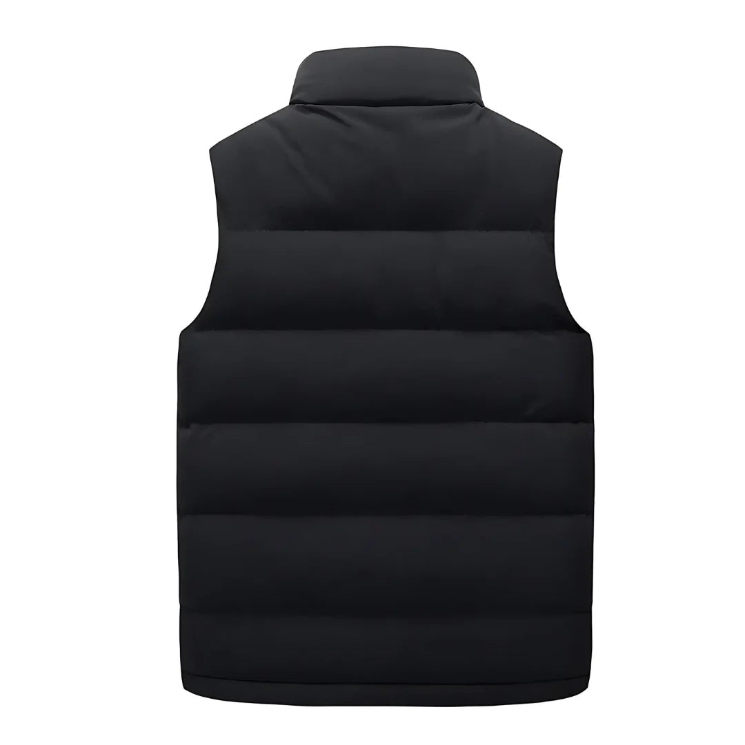 Men's sleeveless padded gilet in black with stand collar and practical zip closure